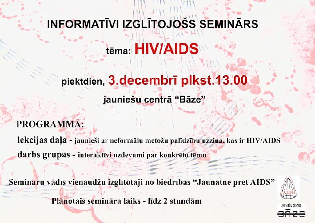 Jauniešu centrā "Bāze" - seminārs par  HIV/AIDS 