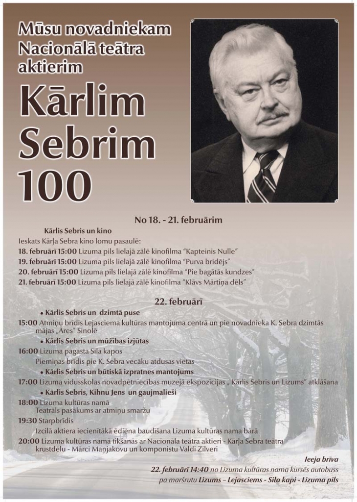 Lizumā - Kārļa Sebra 100 gadu jubilejas pasākumi