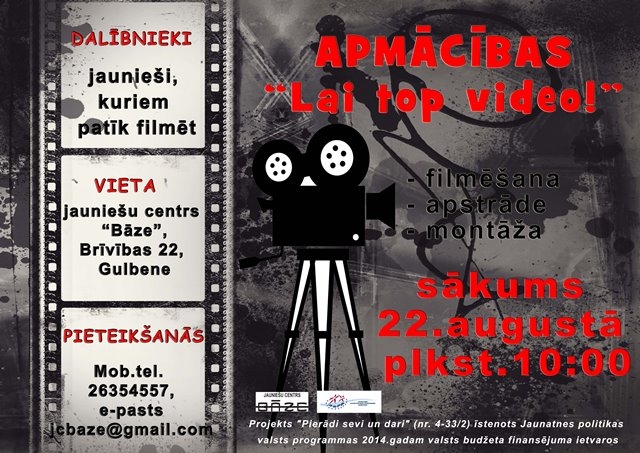 Jauniešus aicina piedalīties mācībās par filmēšanu, apstrādi un montēšanu
