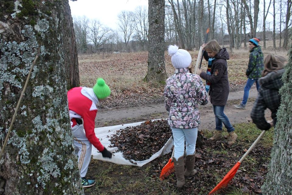 Gatavojoties Apsīšu Jēkaba dzimšanas dienai, skolēni sakopj "Kalaņģu" apkārtni