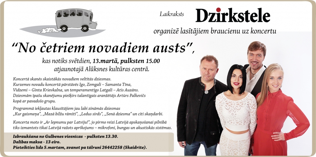 "Dzirkstele" aicina pieteikties lasītājus braucienam uz koncertu Alūksnē
