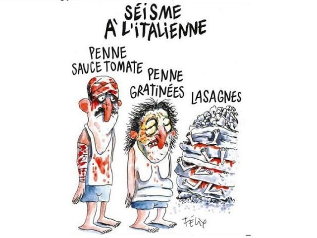 Itāļus sanikno Charlie Hebdo karikatūra par zemestrīces upuriem