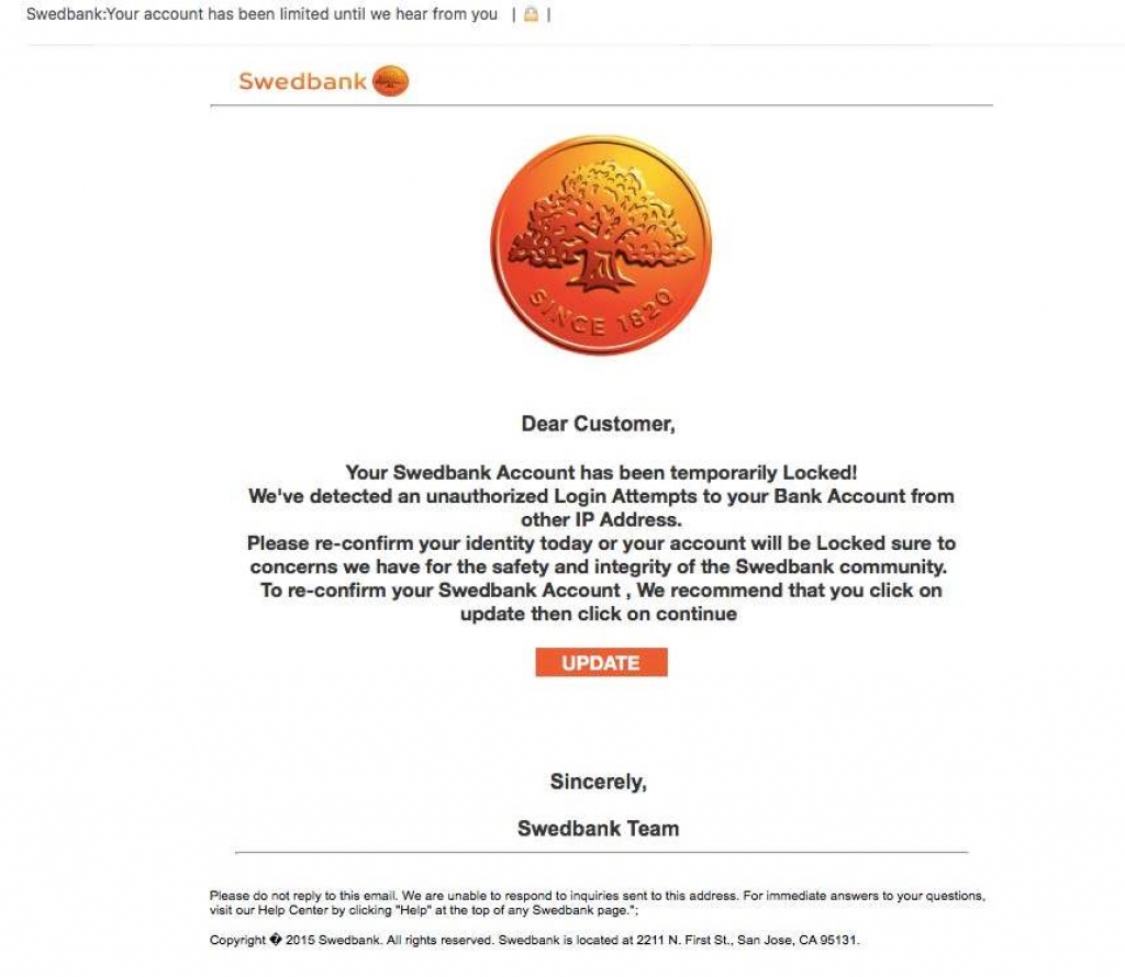 Swedbank brīdina par krāpnieku izsūtītiem e-pastiem