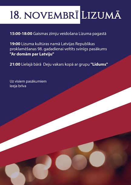 18.novembrī Lizumā - svētku programma un deju vakars