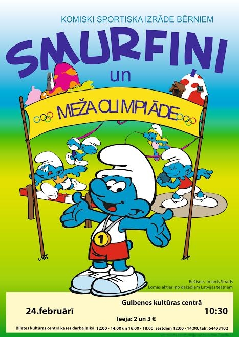 Gulbenes kultūras centrā - izrāde "Smurfiņi un meža olimpiāde"