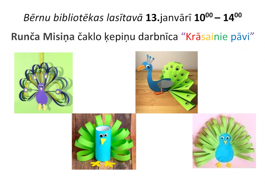 Bērnu bibliotēkā - radošā darbnīca "Krāsainie pāvi"