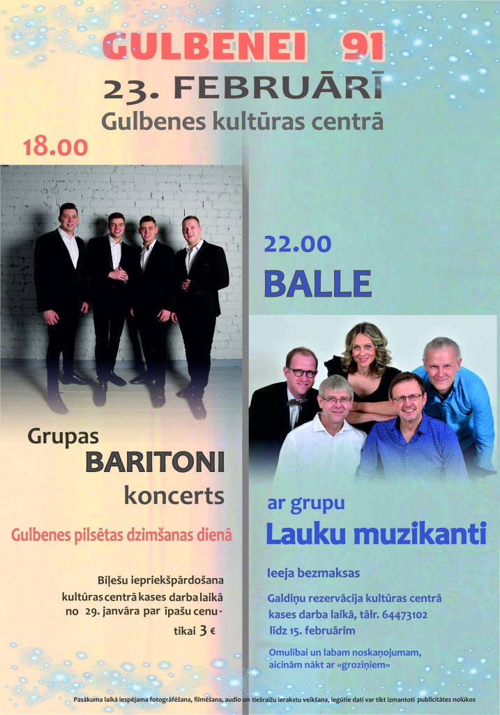 Gulbenē - grupas "Baritons" koncerts un balle kopā ar grupu "Lauku muzikanti"
