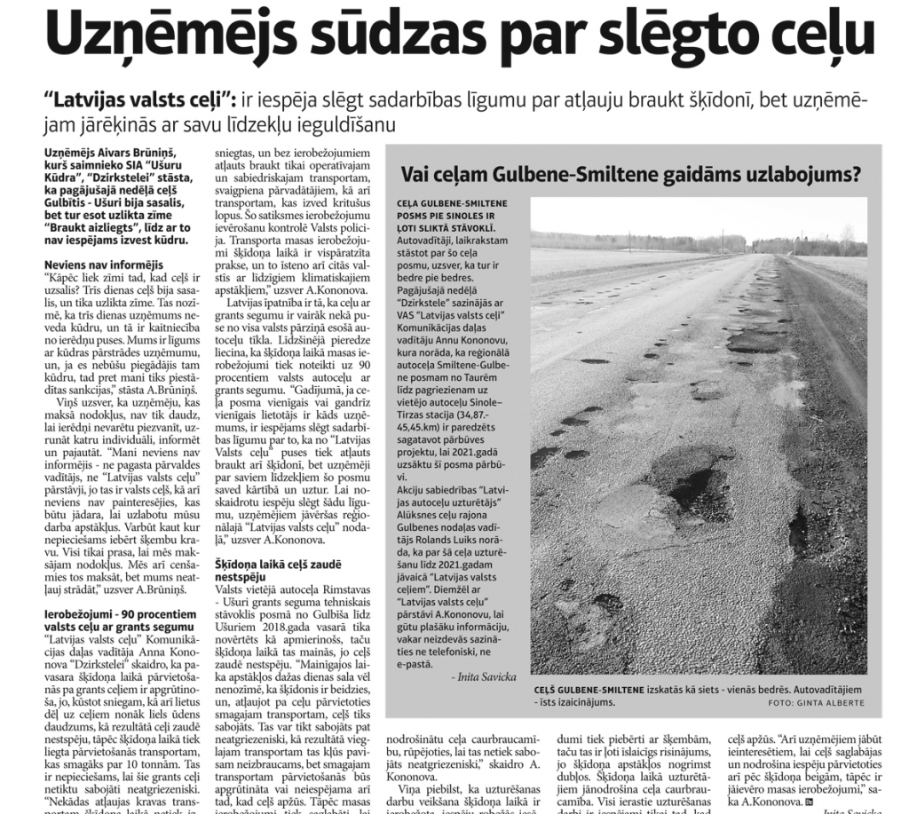 Autoceļa Smiltene-Gulbene posma pārbūvei tagad naudas nav, jābrauc ar 50 km/h