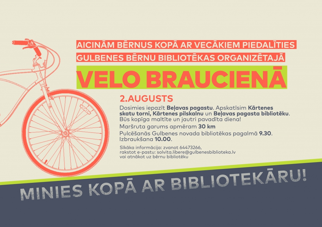 Skolēnus kopā ar vecākiem aicina piedalīties velobraucienā “Minies kopā ar bibliotekāru”