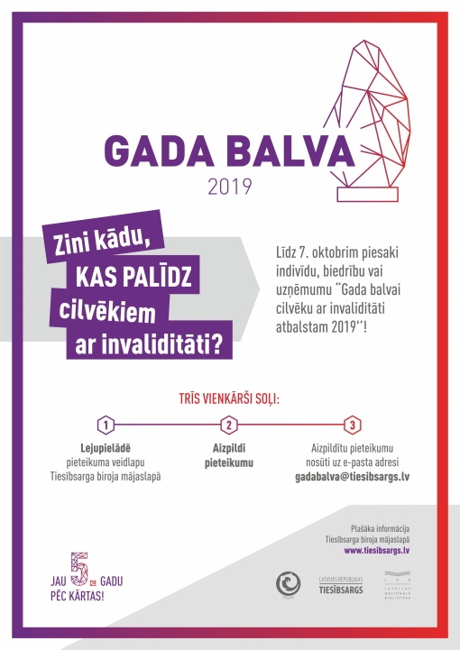 Aicina pieteikt nominantus konkursam "Gada balva cilvēku ar invaliditāti atbalstam"