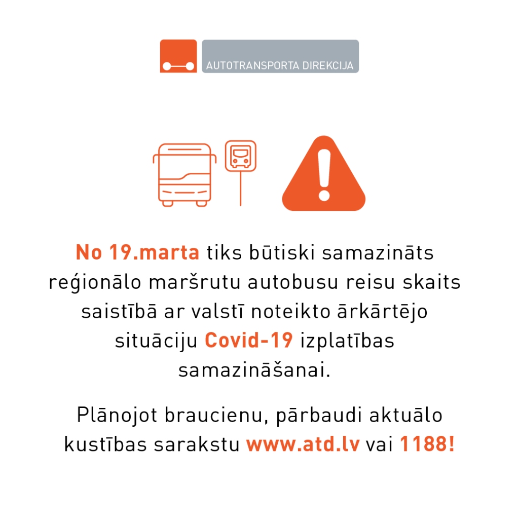 No 19.marta tiks samazināts reģionālo maršrutu reisu skaits; pasažieri aicināti pārbaudīt aktuālo kustības sarakstu ATD vai 1188 mājaslapā