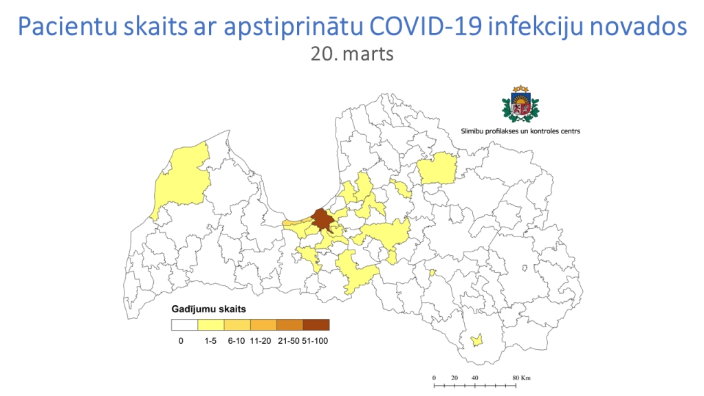 Saslimšana ar COVID-19 Latvijā apstiprināta iedzīvotājiem 19 pašvaldībās