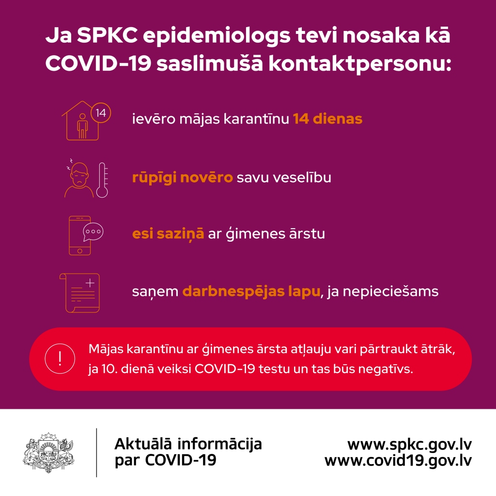 SPKC epidemiologu noteiktas kontaktpersonas mājas karantīnu varēs pārtraukt ātrāk, ja 10. dienā Covid-19 tests ir negatīvs