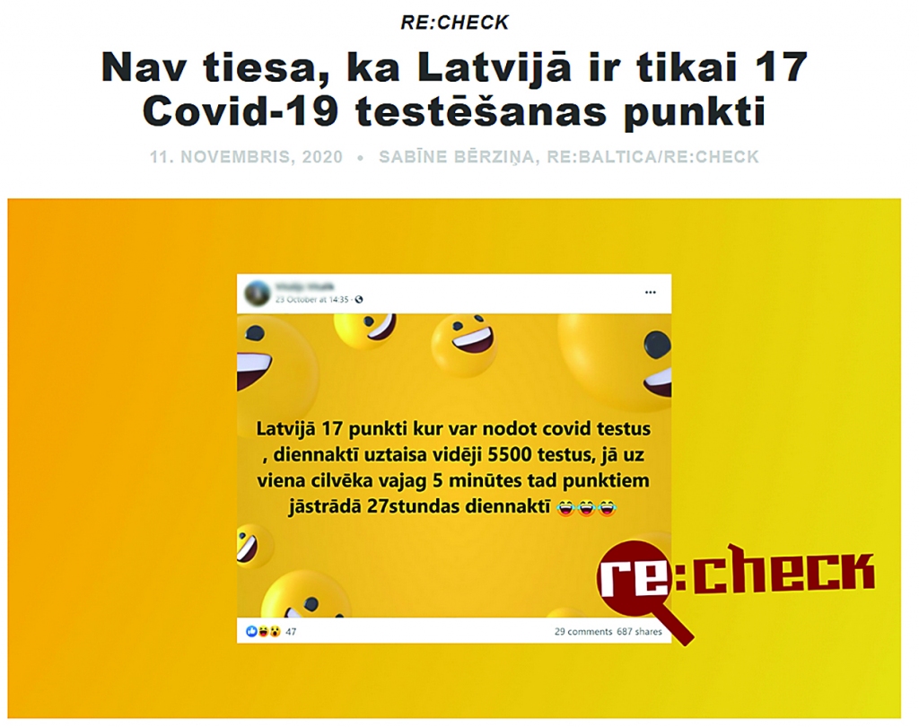 Nav tiesa, ka Latvijā ir tikai 17 COVID-19 testēšanas punkti