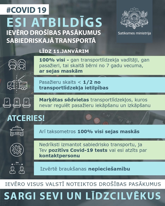 Atgādinājums par drošības pasākumiem vīrusa ierobežošanai sabiedriskajā transportā līdz 11. janvārim