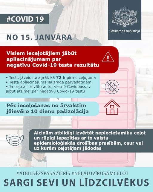 No 15. janvāra Latvijā varēs ieceļot, tikai uzrādot negatīvu Covid-19 testu