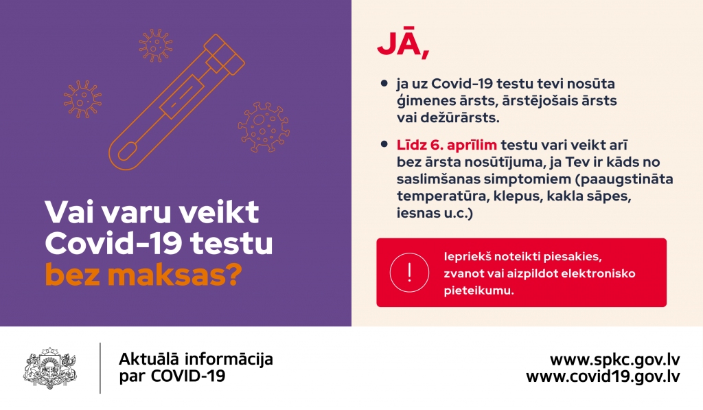 Iedzīvotāji ar simptomiem Covid-19 analīzes bez ārsta nosūtījuma varēs nodot  līdz 6. aprīlim