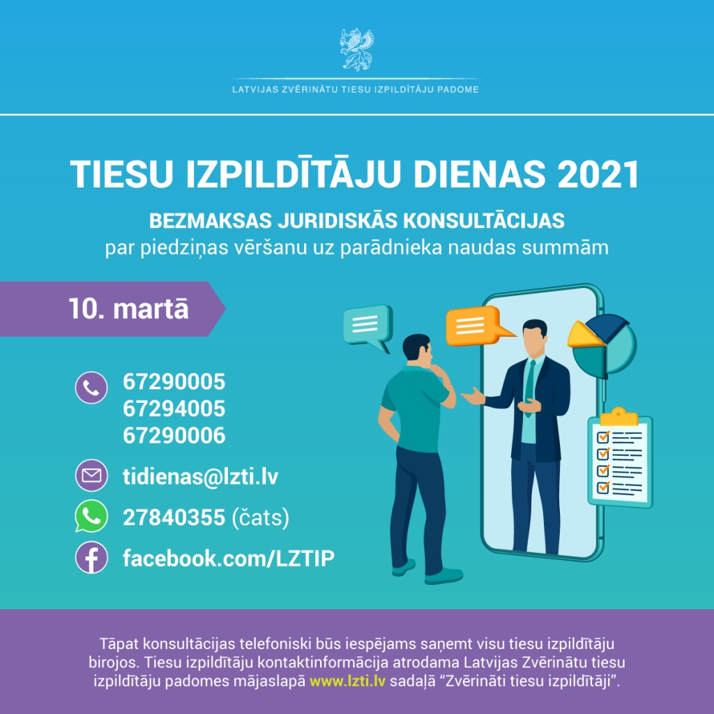 Tiesu izpildītāju dienā, 10.martā, bez maksas konsultēs par piedziņas vēršanu uz parādnieka naudas summām