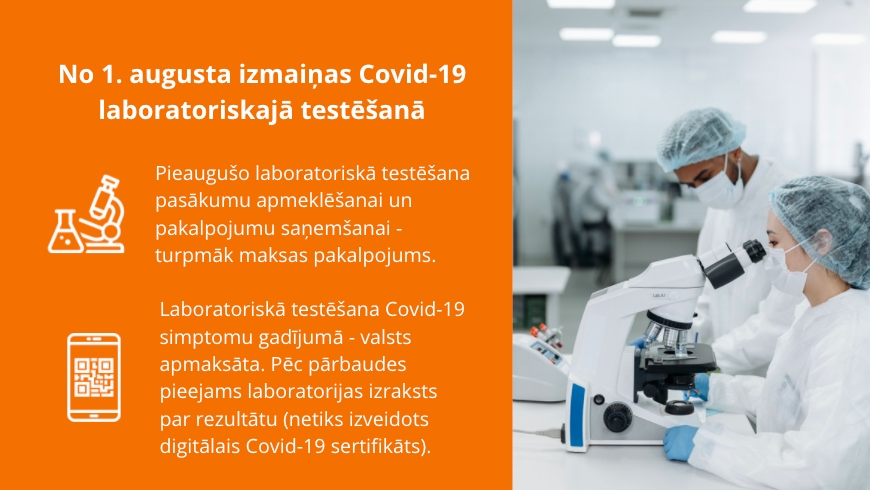 No 1. augusta izmaiņas Covid-19 laboratoriskajā testēšanā 