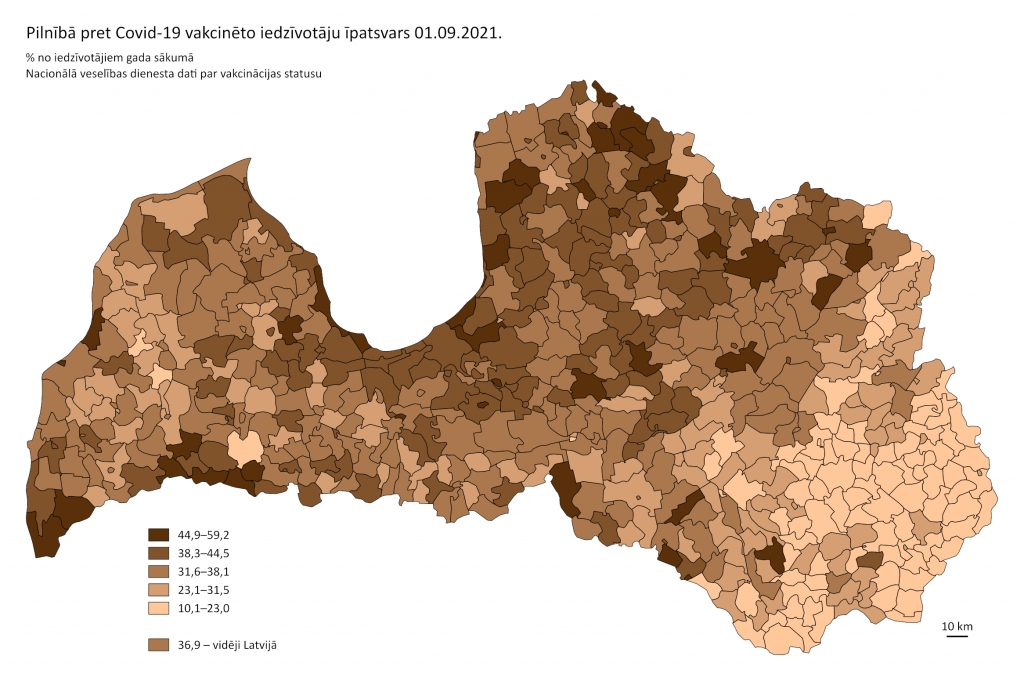 Centrālā statistikas pārvalde publicējusi karti par pilnībā pret Covid-19 vakcinētajiem Latvijas iedzīvotājiem 